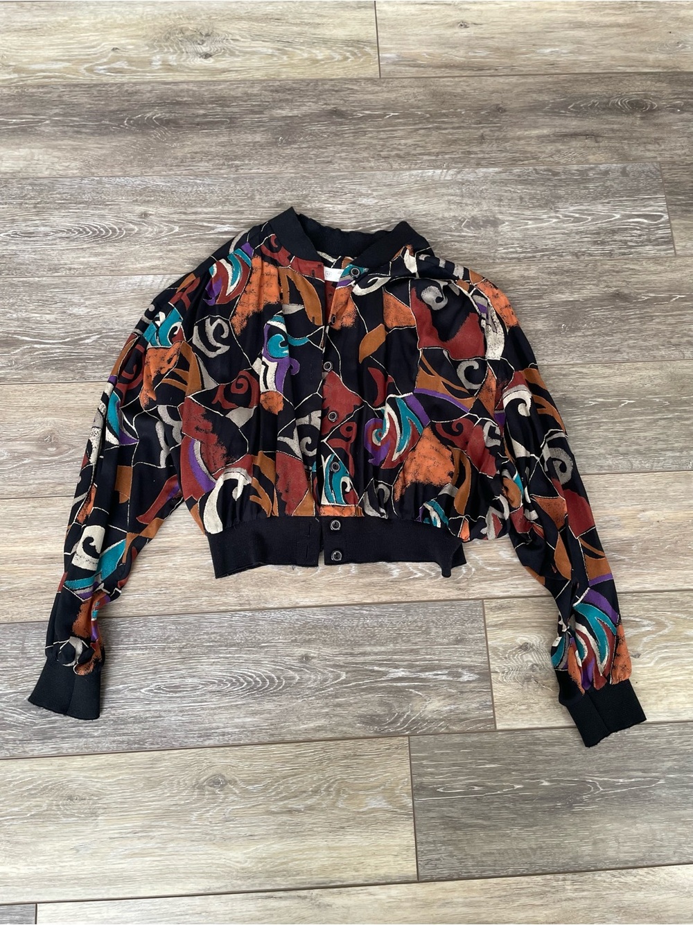 Vintage St Michael Cropped Bomber Jacket - Black with Multicolor Pattern